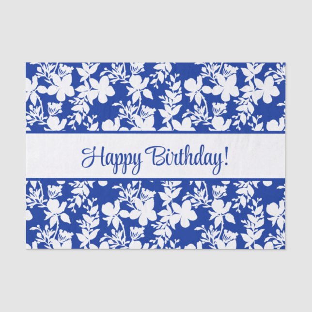 Papier Mousseline Joyeux anniversaire Floral blanc sur bleu (Recto)