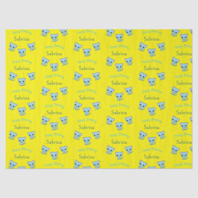 Papier Mousseline Joyeux anniversaire mignon chatons bleu bondissant (Recto)
