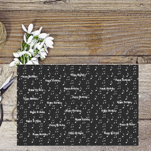 Papier Mousseline Joyeux Anniversaire Musical Noir Blanc Notes Thème