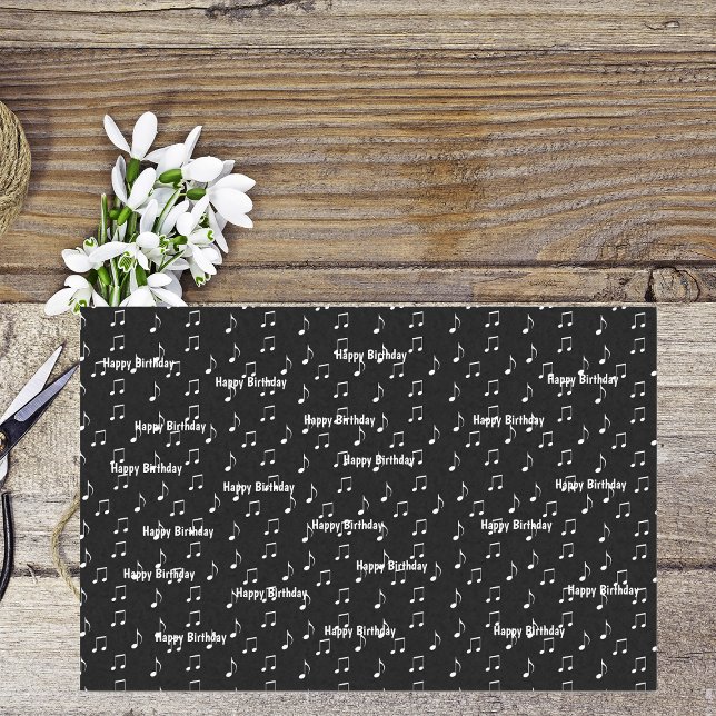 Papier Mousseline Joyeux Anniversaire Musical Noir Blanc Notes Thème (Black and white music theme Happy Birthday with white music notes on tissue gift wrap paper.)