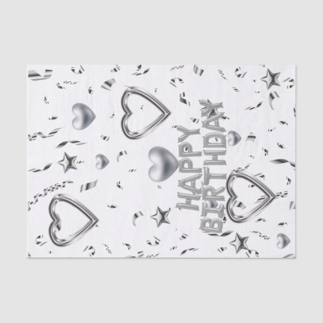 Papier Mousseline Joyeux Anniversaire Papier Tissu Coeurs d'argent (Recto)