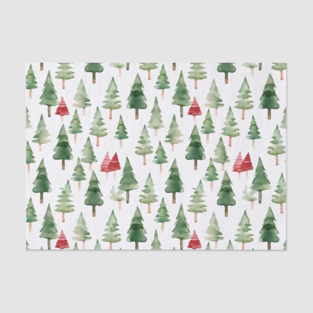 Papier Mousseline Joyeux arbres de Noël rouges verts (Recto)