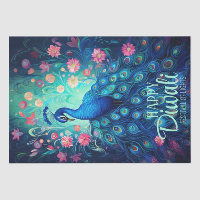Papier Mousseline Joyeux Diwali Festival des lumières Peacock (Recto)