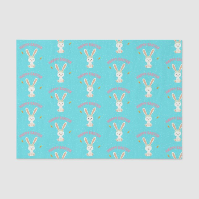 Papier Mousseline Joyeux lapin blanc de Pâques sur bleu (Recto)