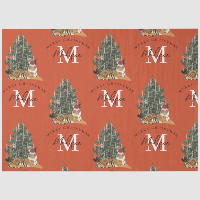 Papier Mousseline Joyeux Monogramme de Noël personnalisé Tigre et Ar (Recto)
