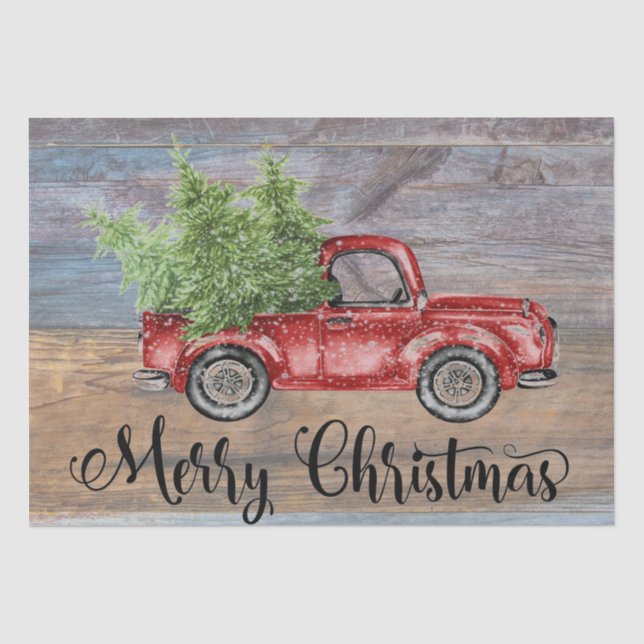 Papier Mousseline Joyeux Noël Bois Rustique Et Chariot Rouge (Recto)