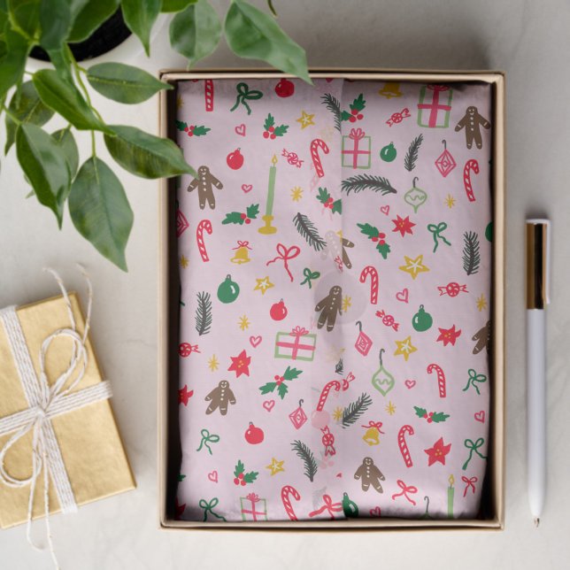 Papier Mousseline Joyeux Noël mignon Doodle Motif Whimsical (Merry Christmas Cute Doodle Whimsical Pattern Pink Tissue Paper
)