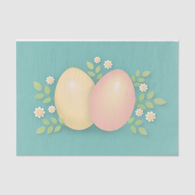 Papier Mousseline Joyeux oeufs de Pâques et fleurs bleu doux (Recto)
