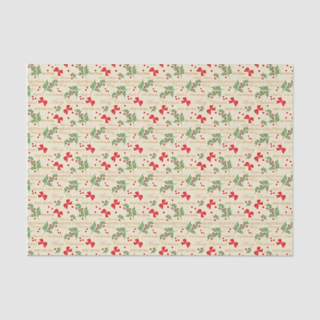 Papier Mousseline Joyeux Papier Tissu de Noël; baies Holly (Recto)