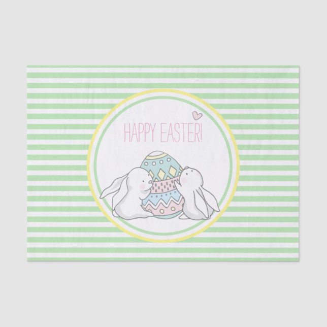 Papier Mousseline Joyeux Pâques | Bunnies mignons et rayures vertes (Recto)