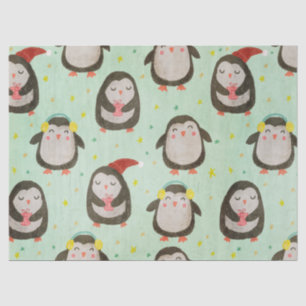 Papier Mousseline Joyeux pingouins portant des chapeaux de Père Noël