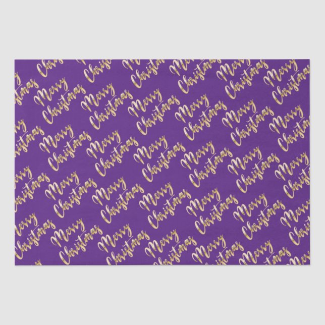 Papier Mousseline Joyeux script or métallique de Noël violet (Recto)