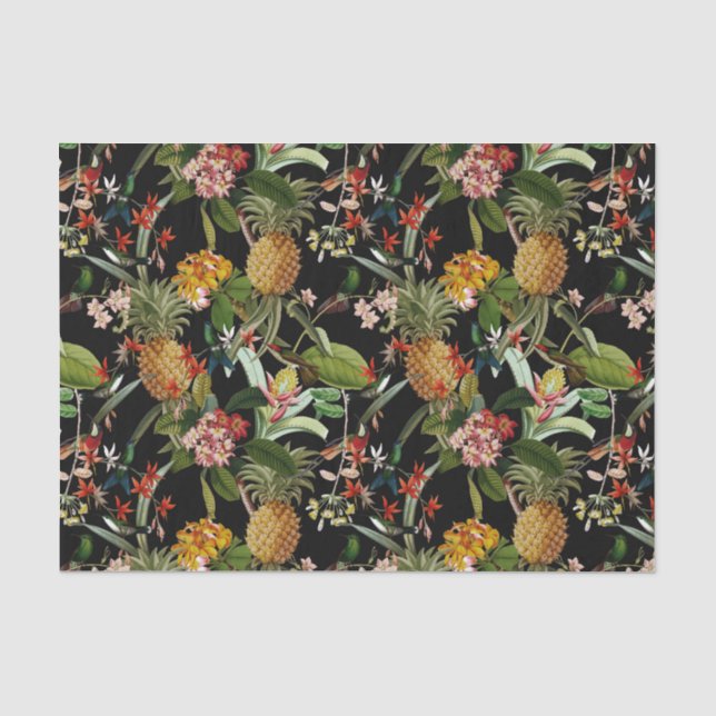 Papier Mousseline Jungle Tropicale Avec Colibris Et Fleurs Tiss (Recto)
