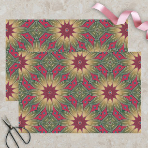Papier Mousseline Kaleidoscope vert rouge Modèle géométrique floral