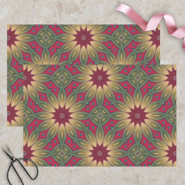 Papier Mousseline Kaleidoscope vert rouge Modèle géométrique floral (Créateur téléchargé)