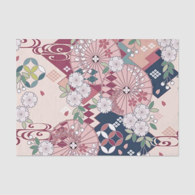Papier Mousseline Kimono japonais blanc rose décomposition florale (Recto)