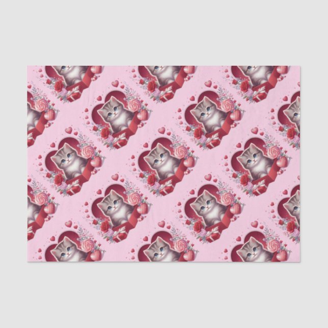 Papier Mousseline Kitten assis en boîte avec des fleurs et des cadea (Recto)