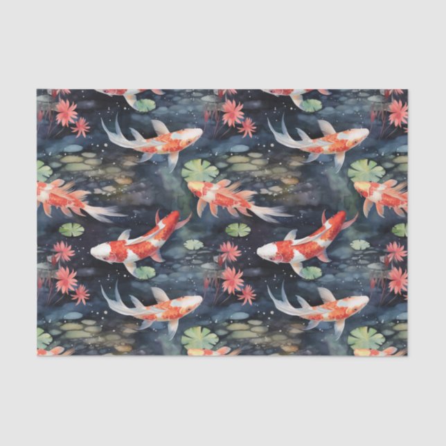 Papier Mousseline Koi Fish Dark Pond Floral Découpage (Recto)