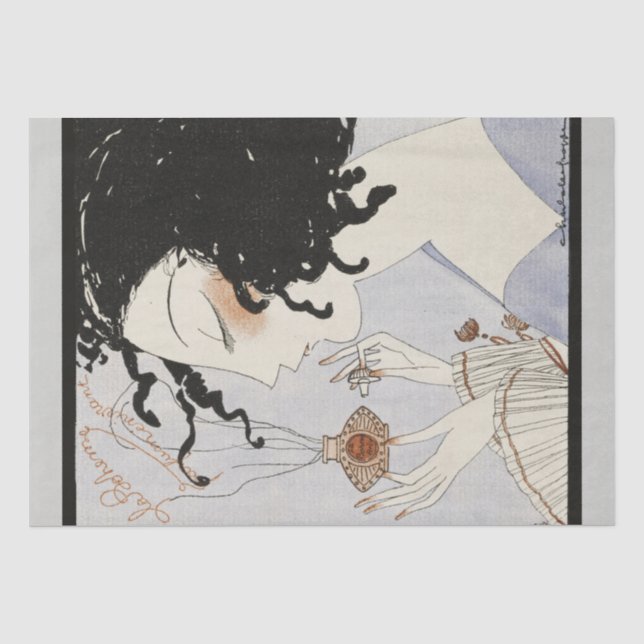 PAPIER MOUSSELINE LA BOHEME, DAME AVEC BOUTEILLE DE PARFUME ART DÉCO (Recto)