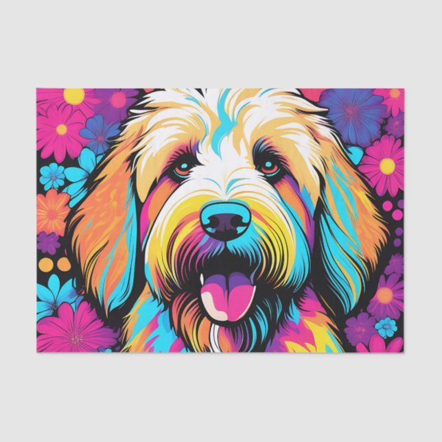 Papier Mousseline Labradoodle Pop Art Chien Avec Fleurs (Recto)