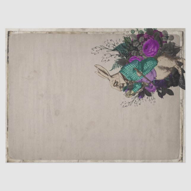 Papier Mousseline Lapin blanc violet Floral Alice au pays des mervei (Recto)