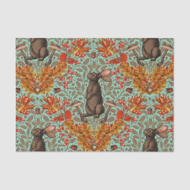 Papier Mousseline Lapin d'automne sur vert clair (Recto)
