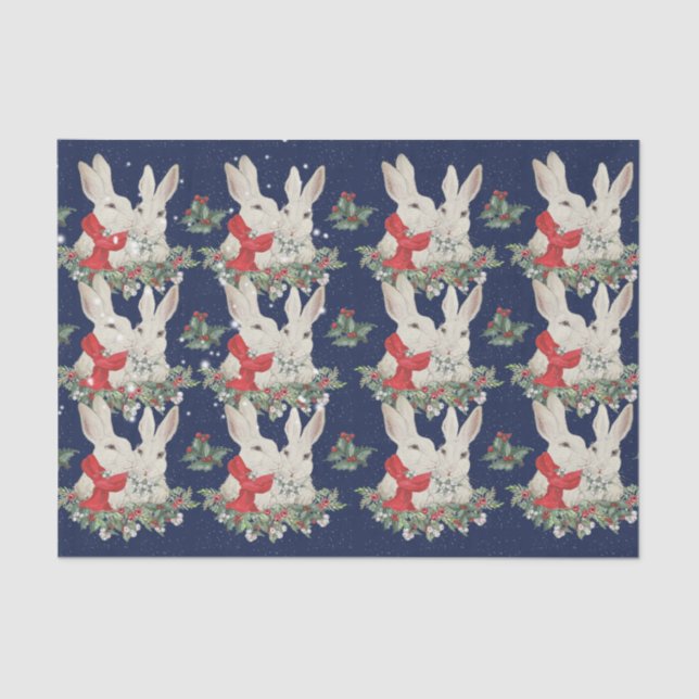 Papier Mousseline Lapin de Noël bleu lapins neige hiver Whimsica  (Recto)