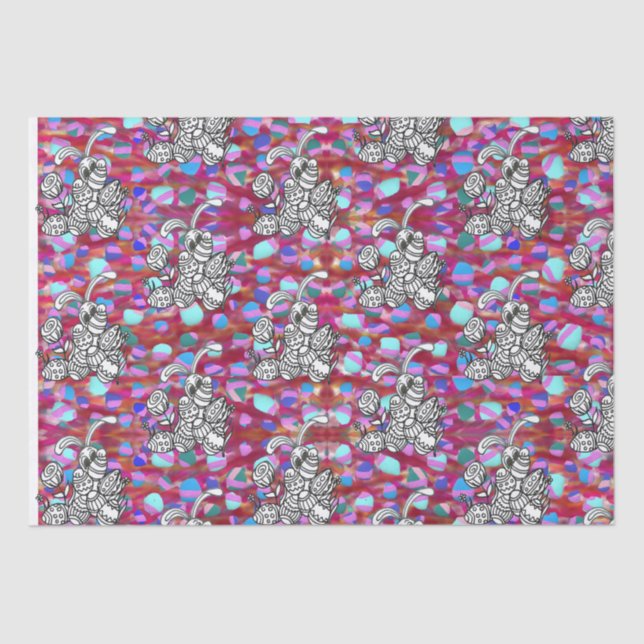 Papier Mousseline Lapin de Pâques avec oeufs sur le rouge (Recto)