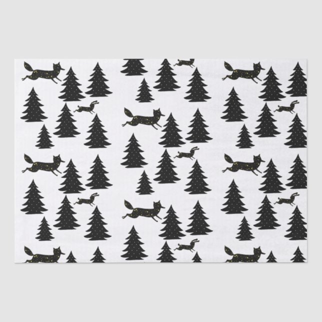 Papier Mousseline Lapin renard scandinave Noir Arbre de Noël (Recto)