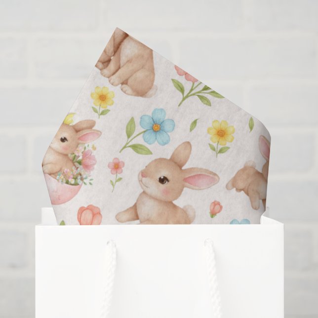 Papier Mousseline Lapins et fleurs aquarelles mignons motif (Sac cadeau)