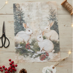 Papier Mousseline Lapins Vintage Noël Hiver Découpage Vieilli