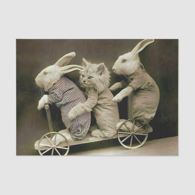 Papier Mousseline Lapins vintages et chat sur Scooter de jouets (Recto)