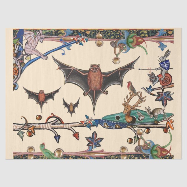PAPIER MOUSSELINE LARGE BESTIAIRE MÉDIÉVAL, BATS DE VOL ANIMAUX DE F (Recto)