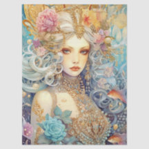 Large Pastel Watercolor Floral Mermaid Decoupage