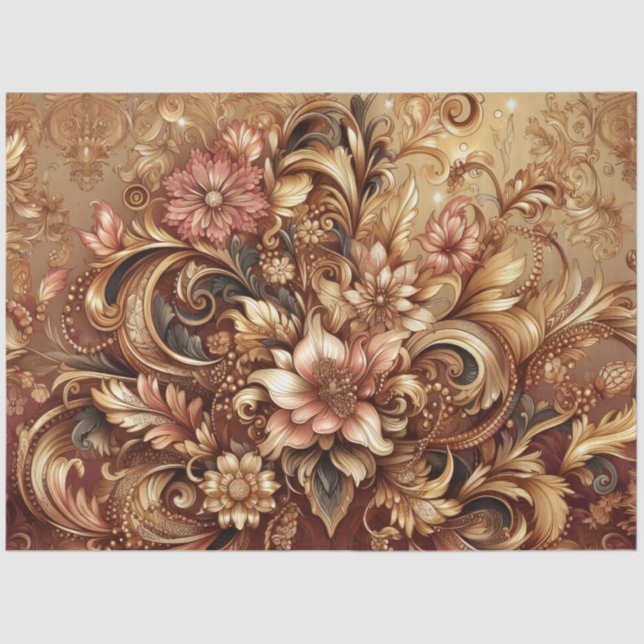 Papier Mousseline Lavy Rose Gold Baroque Floral Decoupage (Recto)