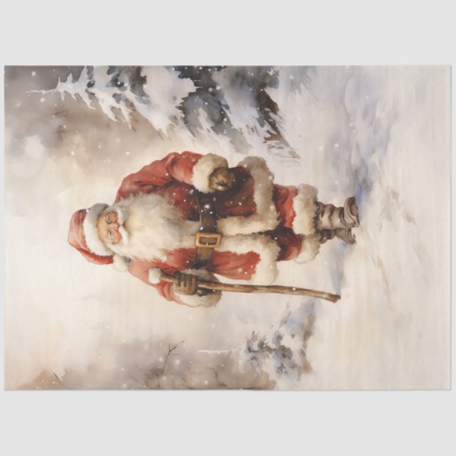 Papier Mousseline Le Père Noël classique arrive dans la forêt enneig (Recto)