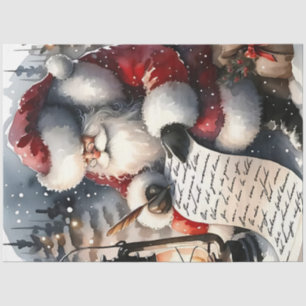 Papier Mousseline Le Père Noël vérifie sa liste en aquarelle