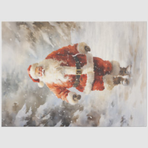Papier Mousseline Le Père Noël vintage marche dans la forêt enneigée