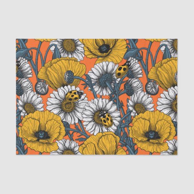 Papier Mousseline Le pré en jaune et bleu (Recto)