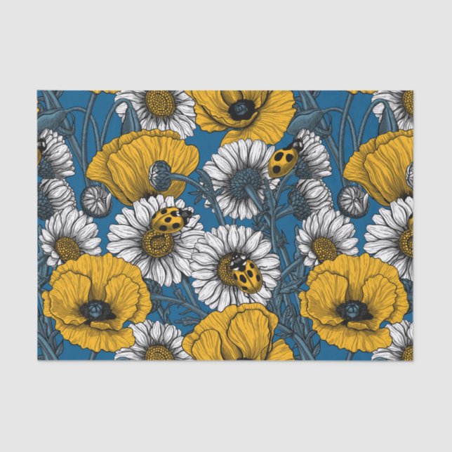 Papier Mousseline Le pré en jaune et bleu (Recto)