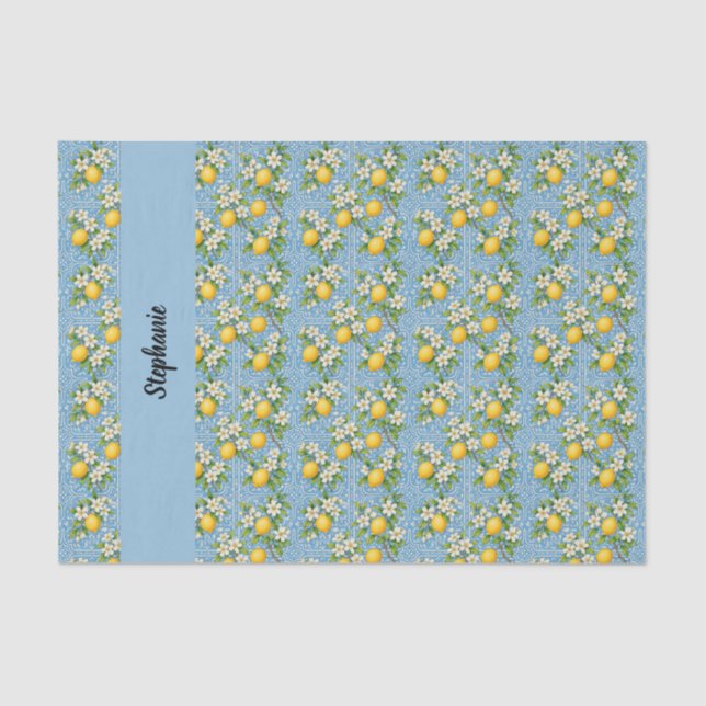 Papier Mousseline Lemon Citrus Blue Tile Pattern Monogram Name (Recto)