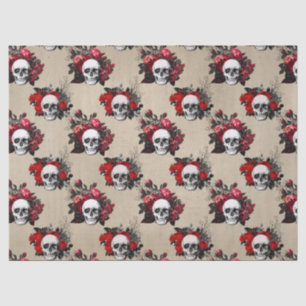 Papier Mousseline Les roses rouges de crânes gothiques ont couvert
