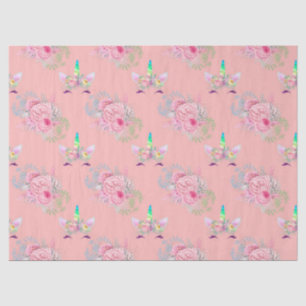 Papier Mousseline Les visages de Unicorne avec des fleurs roses sur 