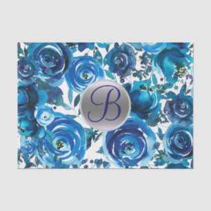 Papier Mousseline LETTRE Florale Indigo Bleu LETTRE INITIALE