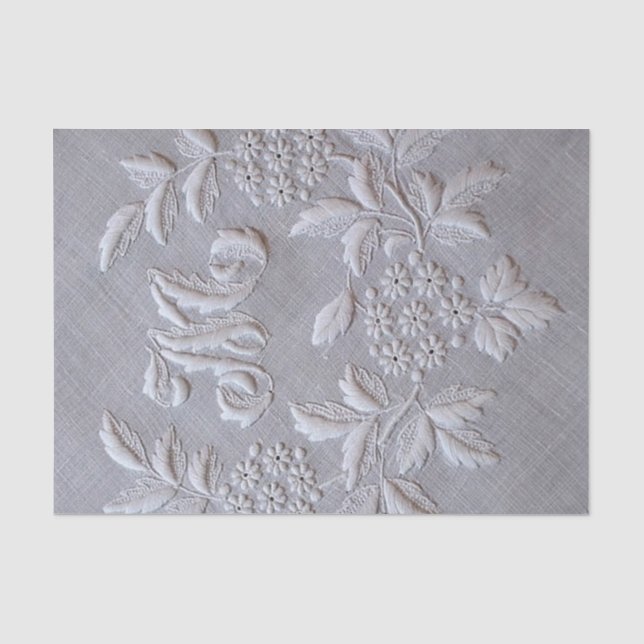 Papier Mousseline Lettre florale M de monogramme de broderie grise (Recto)