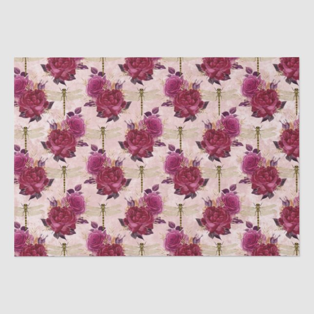 Papier Mousseline libellules roses et Roses (Recto)