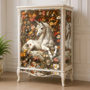 Papier Mousseline Licorne blanche dans un pré fleuri de fantaisie Ar