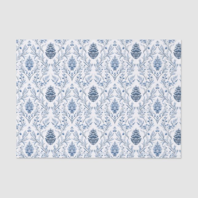Papier Mousseline Light Blue & White Damask with Pine Cones (Recto)