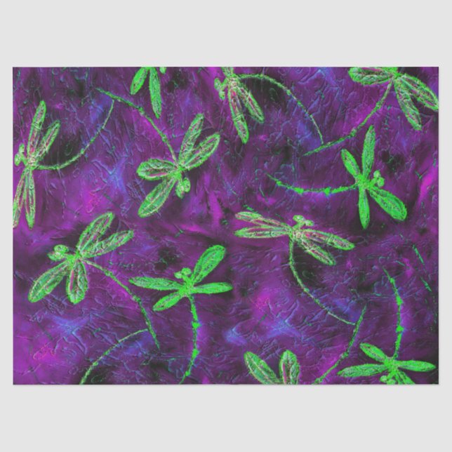 Papier Mousseline Lime Green Dragonlies sur violet et rose (Recto)