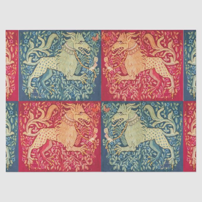 Papier Mousseline Lion BESTIAIRE MÉDIÉVAL Comme la bête en bleu roug (Recto)